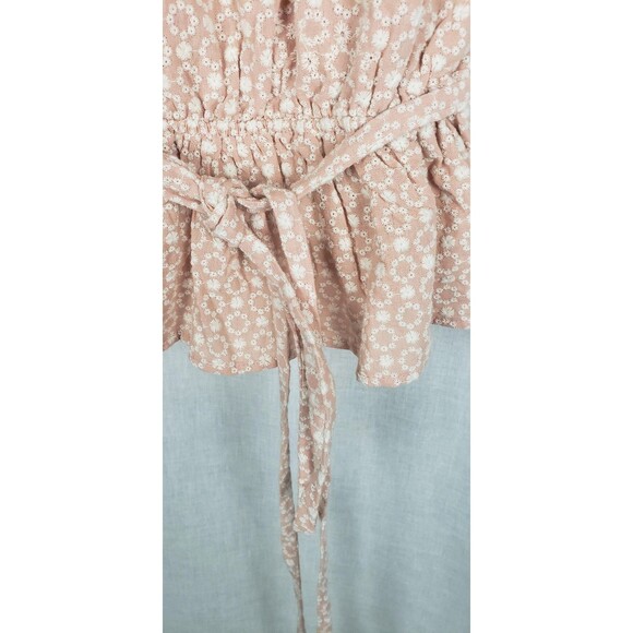 Line and Dot Top Womens XS Pink White Floral Puff Sleeve Peplum Tie Back Blouse - Picture 6 of 9